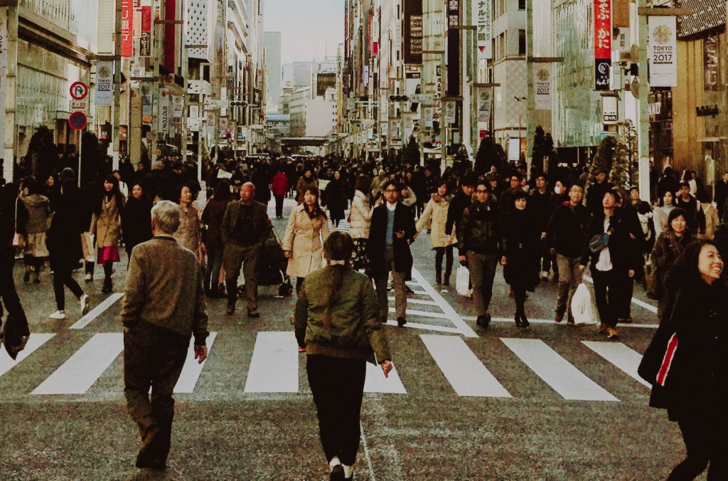 edited photo by John Cameron, procured on UnSplash. "Traffic free shopping on a Sunday in Ginza, Tokyo."