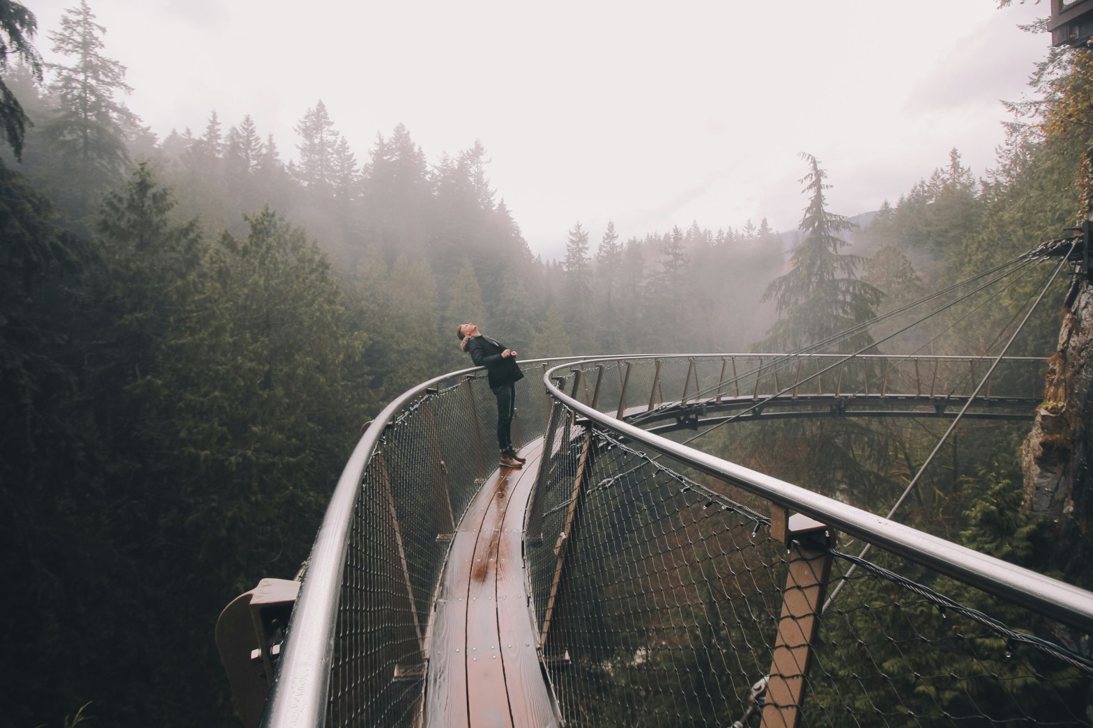 Person standing bent backward over rail of suspension bridge with foggy trees in background